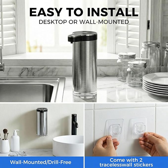 Automatic Liquid Soap Dispenser Touchless, Stainless Steel Hand Soap Dispenser, USB Rechargeable, 4 Adjustable Levels, 11.8oz/350ml for Kitchen and Bathroom (Stainless Steel Black, Liquid)