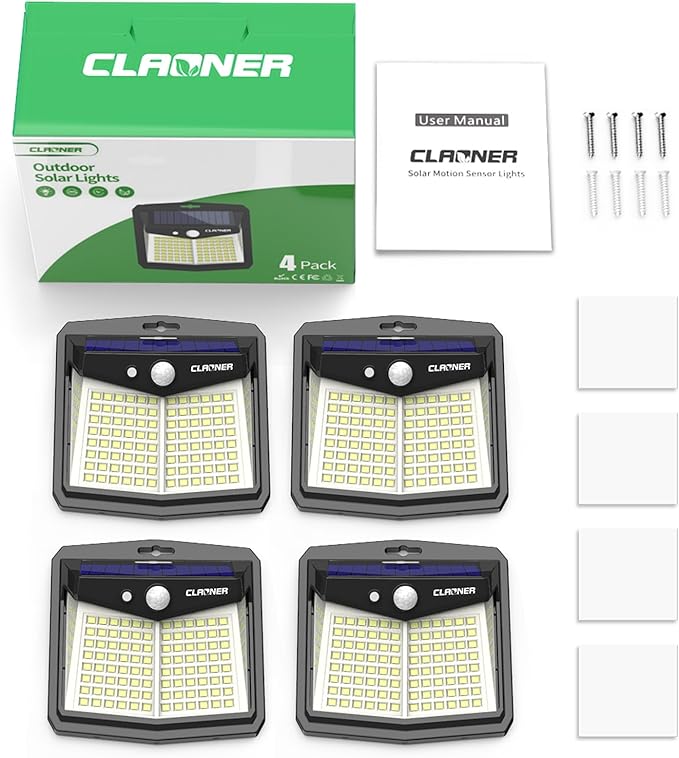 CLAONER Solar Lights Outdoor, [128 LED/4 Packs] Solar Motion Sensor Lights 3 Working Modes Outdoor Lights with 270° Wide Angle Wireless IP65 Waterproof Security Light for Fence Patio, Cold White