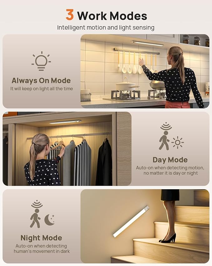 16in Under Cabinet Lighting with Remote, LED Motion Sensor Light Indoor, Rechargeable Closet Lights Wireless, Dimmable, 3 Color Temps, Magnetic Under Counter Lights for Kitchen, Pantry, Stair, 3 Pack