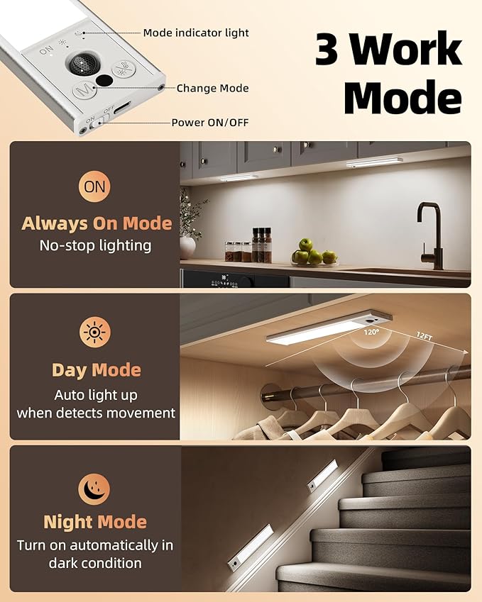 EZVALO 12inch Under Cabinet Lighting, LED Motion Sensor Light Indoor, 3100mAh USB Rechargeable Closet Lights, Dimmable & Magnetic Wireless Under Counter Lights for Kitchen, Pantry, Stairs (2 Pack)