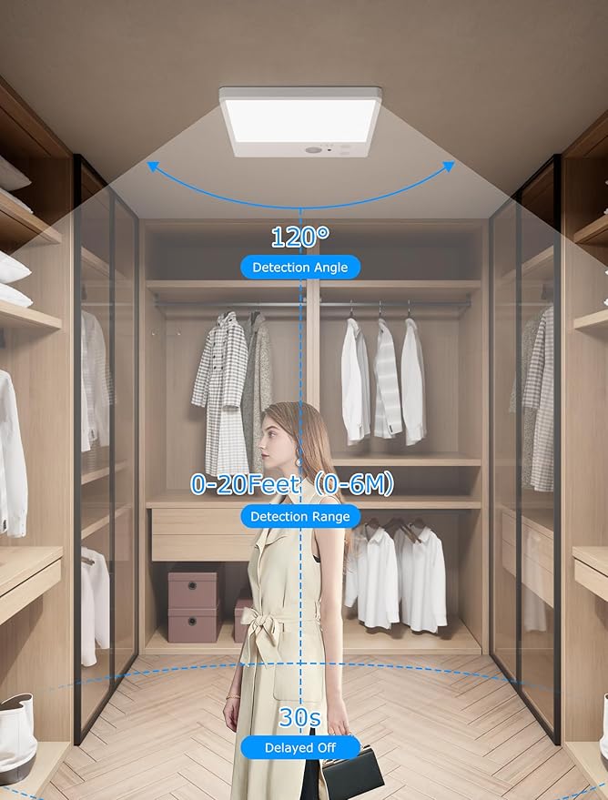 Motion Sensor Ceiling Light, Closet Lights Motion Sensored, 10000mAh Rechargeable Wireless LED Light, IP54 Waterproof 3 Color Dimmable Magnetic Battery Operated Light for Shower Stair Garage Hallway