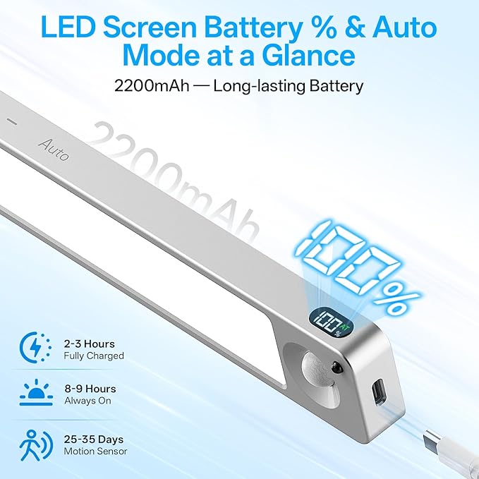 14.2inch Under Cabinet Lighting Wireless,Rechargeable Motion Sensor Light Indoor,3 Colors Dimmable,Magnetic Closet Lights with Remote,Under Counter Lights for Kitchen,Silver 2Pack