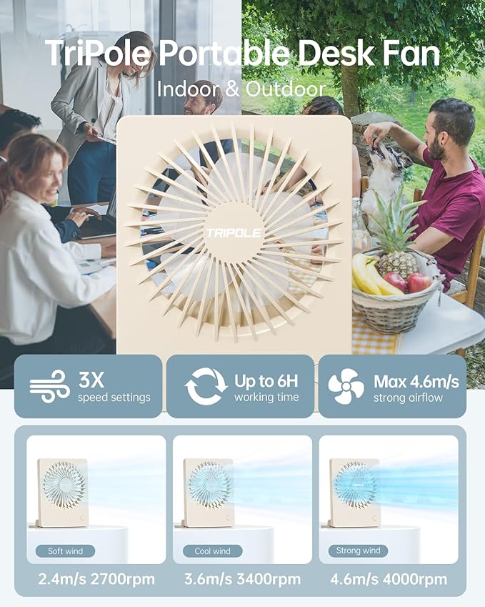 TriPole Mini Portable Desk Fan Rechargeable Ultra Quiet Small Fan 4.5 Inch Personal Travel Fan with 180° Tilt Folding and 3 Speeds Adjustable for Office Desktop Bedroom (Beige)