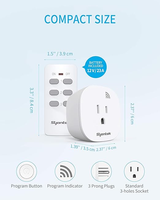 Syantek Remote Control Outlet Wireless Light Switch for Household Appliances, Expandable Remote Light Switch Kit, Up to 100 ft Range, FCC Certified, ETL Listed, White (3 Outlets + 1 Remotes)