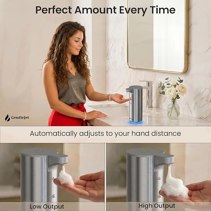 GentleJet EasyFoam Automatic Foaming Soap Dispenser, Touchless USB-C Rechargeable Sensor Pump, 304 Stainless Steel, Adjustable Foam, IPX5 Water-Resistant for Bathroom & Kitchen, 10 fl oz / 300 mL