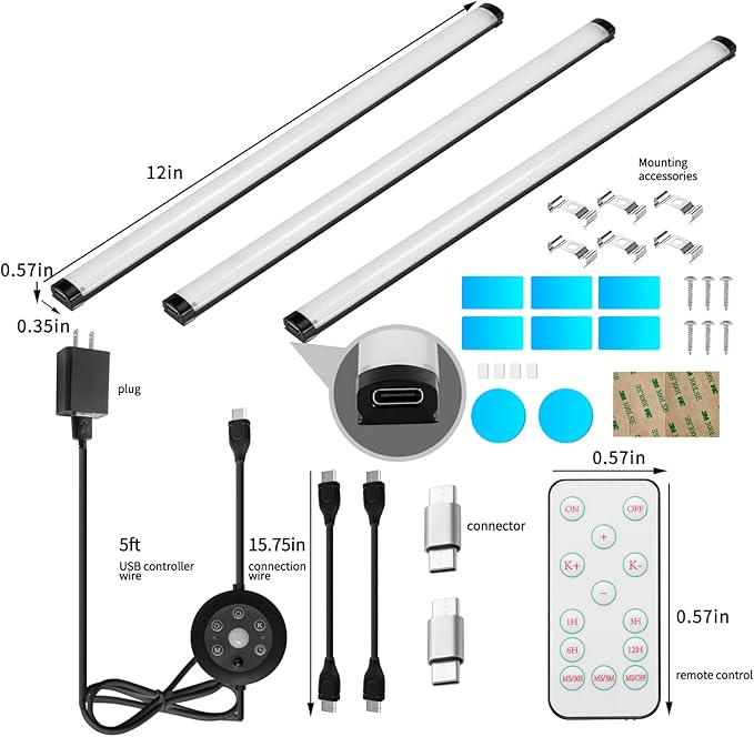 THLIFURE Black Plug in Under Cabinet Light bar with Motion Sensor, Dimmable, Remote Control,Color and Brightness Adjustable, Magnet LED Strip Lights for Kitchen, Workbench, and Closet 3 Pack