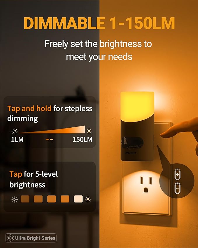 Lyridz Amber Night Light with Motion Sensor, 1-150LM Dimmable Plug-in Nightlight Indoor for Bedroom, Bathroom, Hallway, Stairs, Pet House, Toilet, 2 Pack