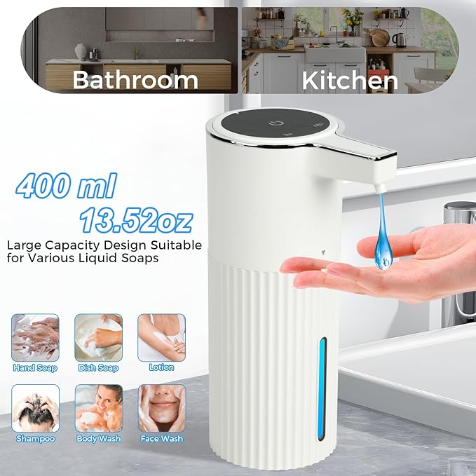 Automatic Liquid Soap Dispenser, 13.52oz/400ml Rechargeable Touchless Smart Lotion Soap Dispenser, Hand Dish Soap Dispensers for Bathroom & Kitchen - Wall Mounted, 4 Adjustable Level, IPX5 Waterproof