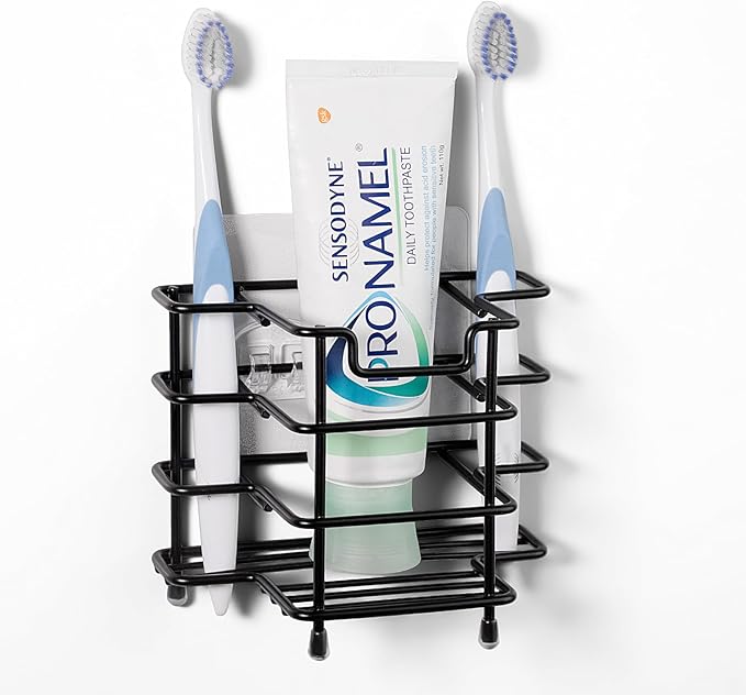 Linkidea Wall Mount Toothbrush Holder for Shower, Stainless Steel Tooth Brush Stand, Countertop 3 Slots Organizer Compatible with Colgate Extra Clean, Oral-B CrossAction (Black)