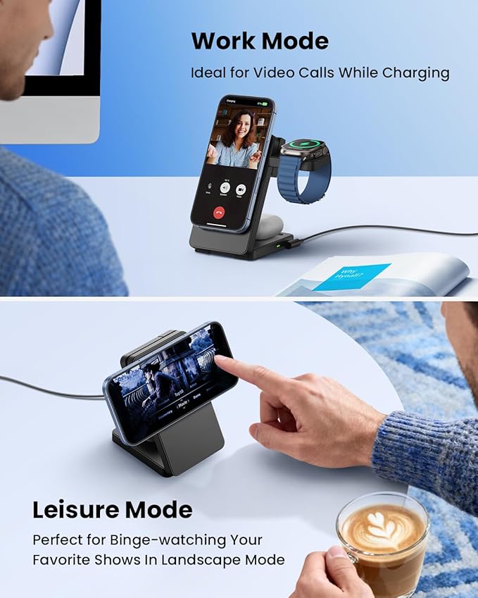 Magnetic Wireless Charging Station for Apple: Upgraded Certified 15W 3-in-1 Magsafe Wireless Charger Stand, Foldable Travel Fast Charger for iPhone 17 16 15 14 13 12 Series, Apple Watch, AirPods