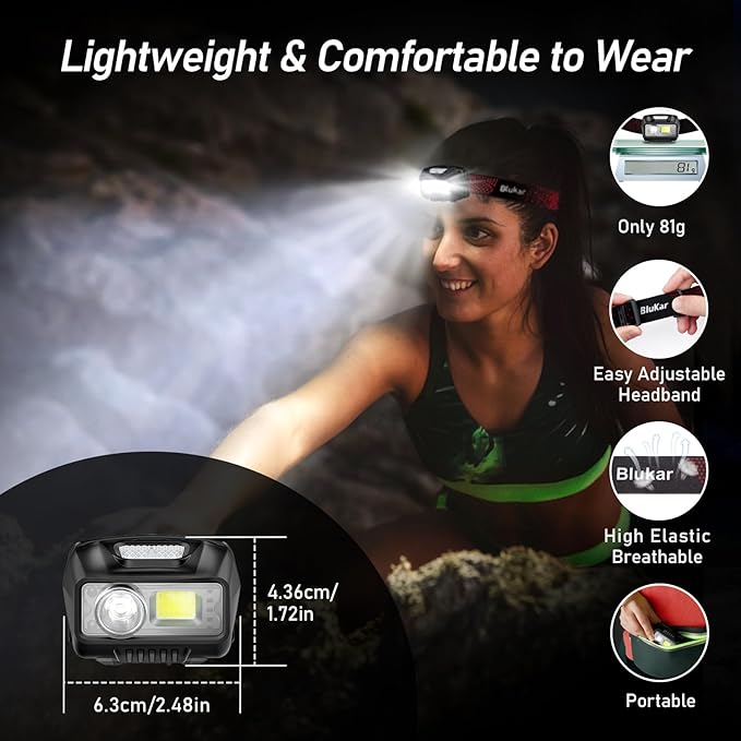 Blukar LED Headlamp Rechargeable,2000L High Lumen Super Bright Dimmable Headlight Flashlight with Motion Sensor- 8 Modes,Spotlight&Floodlight,IPX5 Waterproof for Camping,Hiking,Running,Fishing -2 Pack