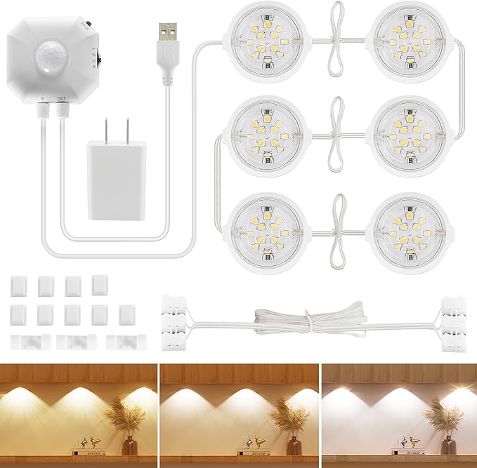 Motion Sensor Under Cabinet Light, 3 Color Kitchen LED Cabinet Light USB Powered, 3500K-6500K Indoor Motion Sensor Light for Kitchen, Closet, Counter, Hallway
