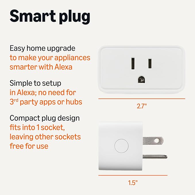 Amazon Basics Smart Plug with Timer Function, Voice Control, WiFi 2.4 GHz, APP Control, Schedule, Works with Alexa Only, No Hub Required, White