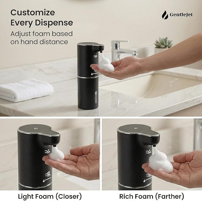 GentleJet JetFoam Automatic Foam Soap Dispenser Touchless Sensor, USB-C Rechargeable, Adjustable Output, IPX5 Waterproof, 300 ml, Bathroom & Kitchen Countertop