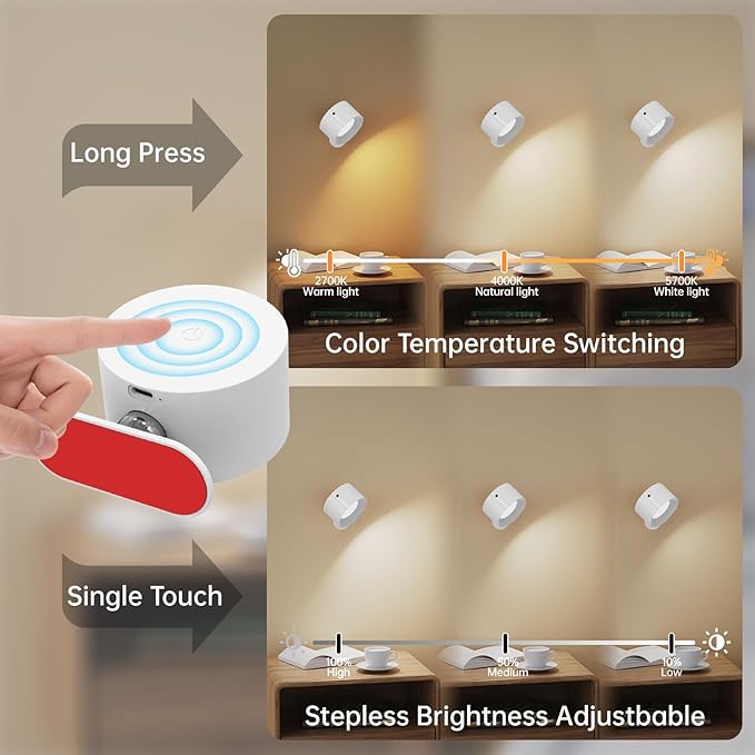 Deyagoo 2PACK Romote LED Wall Sconce - Rechargeable Wall Light, 3 Colors & 3 Brightness Levels, 360° Magnetic Rotating Head, Bedside Reading Lamp, Easy Install Battery Operated Wall Lamp Black
