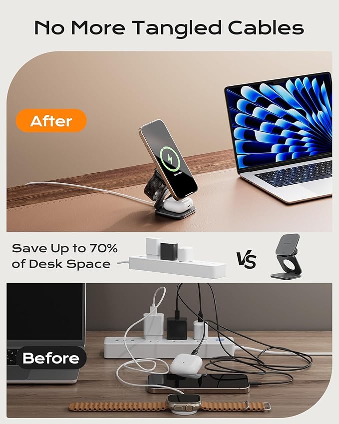 KU XIU Qi2.2 25W Magnetic Wireless Charger, Foldable 3 in 1 Travel Charging Station for iPhone 17/16/15/14/13/12, 5W for Apple Watch & AirPods, Aluminum Alloy Design, 45W GaN Adapter Included, Gray