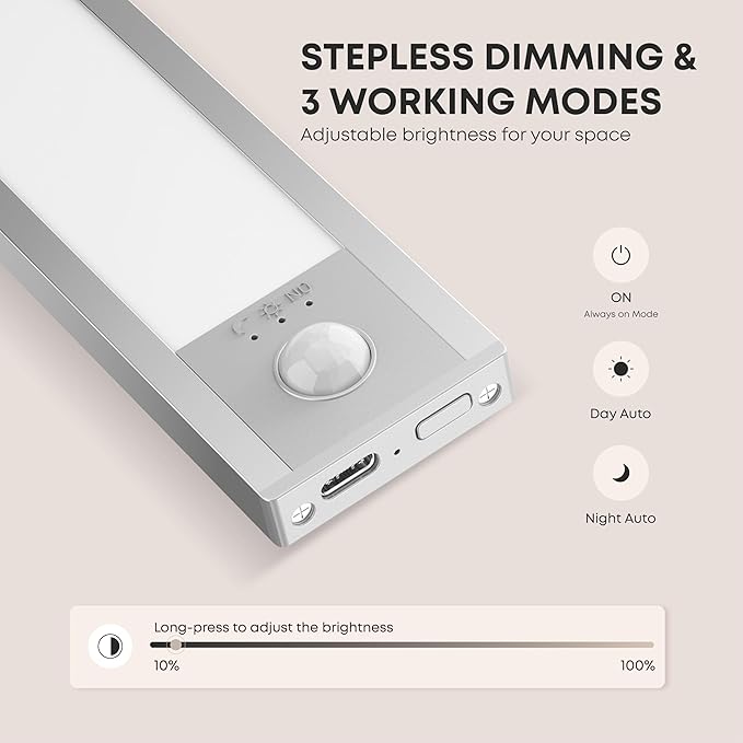 LROLTEF Under Cabinet Lighting Wireless, 2 Pack 15.7 inch 2200mAh 6500K Dimmable Motion Sensor Light Indoor, Rechargeable LED Under Counter Lights for Kitchen, Shelf, Stairs, Closet
