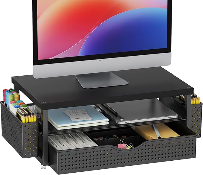 gianotter Monitor Stand Riser, Office Desk Shelf Organizer, Desk Organizer with Drawer and Pen Holder, 2-Tier Computer Stand, Office Organization (Ink)