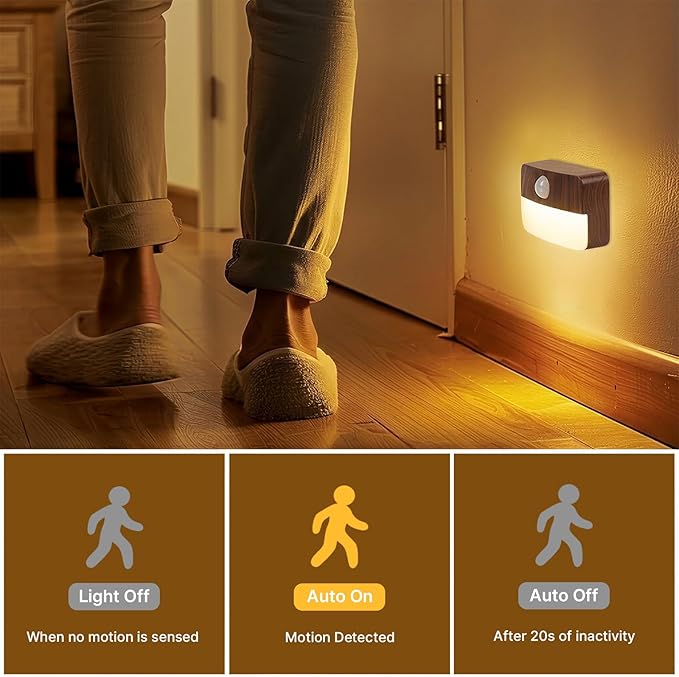 Guankai 8 Pack Motion Sensor Stair Light for Indoor, Battery Operated Closet Lights, Wireless Stick on Anywhere Hallway Lamp, Portable Led Night Lamps for Bedroom Under Cabinet Kitchen, Wood Grain