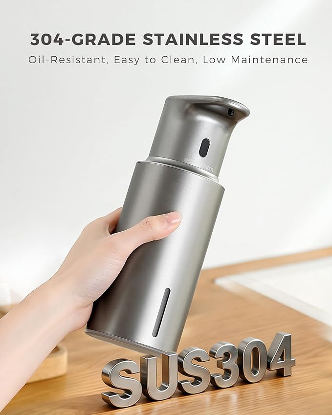 Automatic Foaming Soap Dispenser Touchless, 304 Stainless Steel Bottle Body &16.2oz/480ml Rechargeable, 3 Adjustable Liquid Levels, IPX7 Waterproof, for Kitchen Bathroom, Stainless Steel