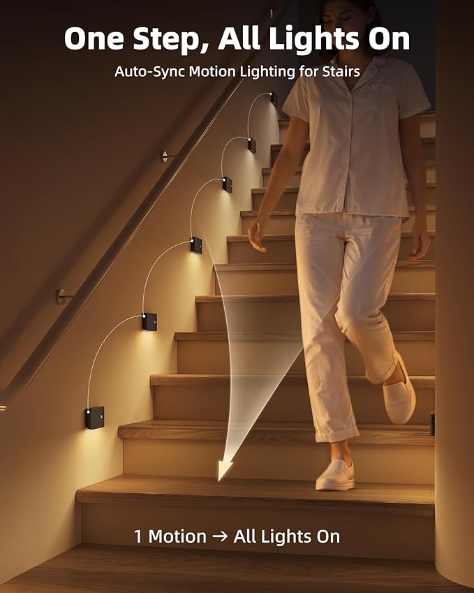 EZVALO 3 Pack Motion Sensor Night Lights, Sync LED Stair Lights Indoor, 1500mAh Rechargeable, Magnetic & Dimmable, 3000K Soft White, Portable Nightlight for Hallway, Stairs, Bathroom, Bedroom (Black)