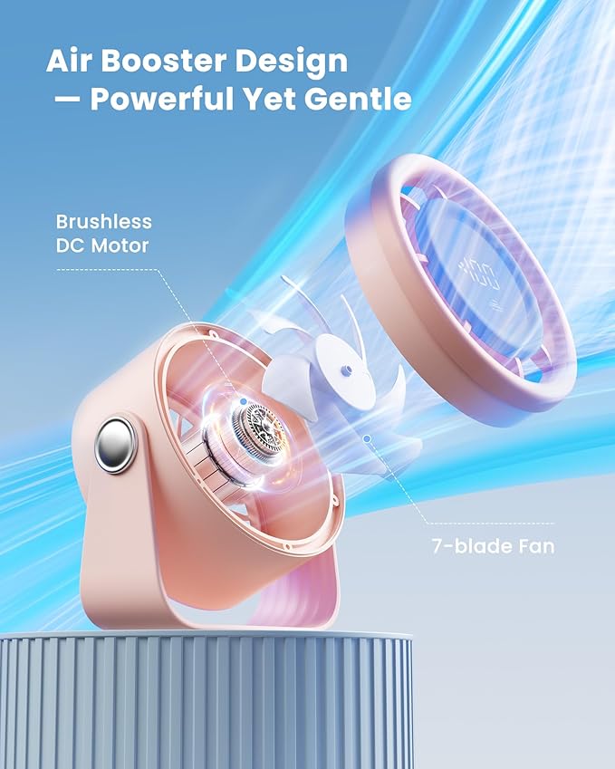 Gaiatop Small Desk Fan Rechargeable, Quiet Personal Table Fan, Touch Control Display, 360° Tilt, 5-Speed Strong Wind, 4000mAh Battery, Small Fans for Bedroom Dorm Office, Gifts for Women Girls, Pink