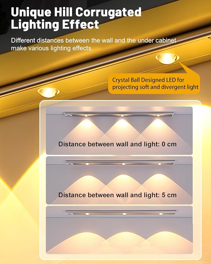 Pak Under Cabinet Lights, Rechargeable Motion Sensor Light Indoor, Wireless and 3-Color Dimmable with Cat’s Eye Hill Effect, for Display Cabinets, Showcases, Wine Racks, 2 Pack, Silver
