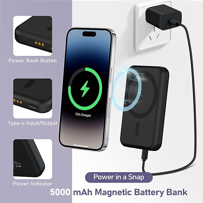 Smtcsl 3 in 1 Wireless Charging Station: 5000mAh Removable Power Bank Charger Stand for Phone/Watch/Air Pods - Portable Magnetic Battery Pack for Air 17 16 15 14 13 12 Series