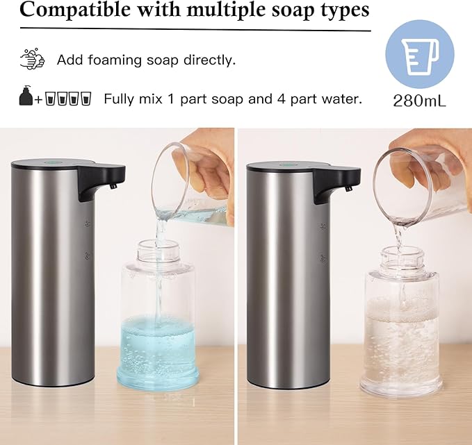 Automatic Soap Dispenser Stainless Steel Touchless Foaming Soap Dispenser for Bathroom Auto Rechargeable Hand Soap Pump (Silver-Black)