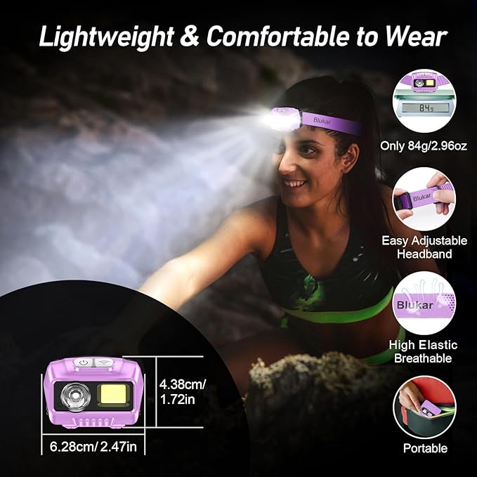 Blukar LED Headlamp,2000L Super Bright Rechargeable Headlight Flashlight with White&Red Light 2 Pack - Motion Sensor,Dimmable Brightness,8 Modes,Spotlight&Floodlight,IPX5 Waterproof for Camping-Purple