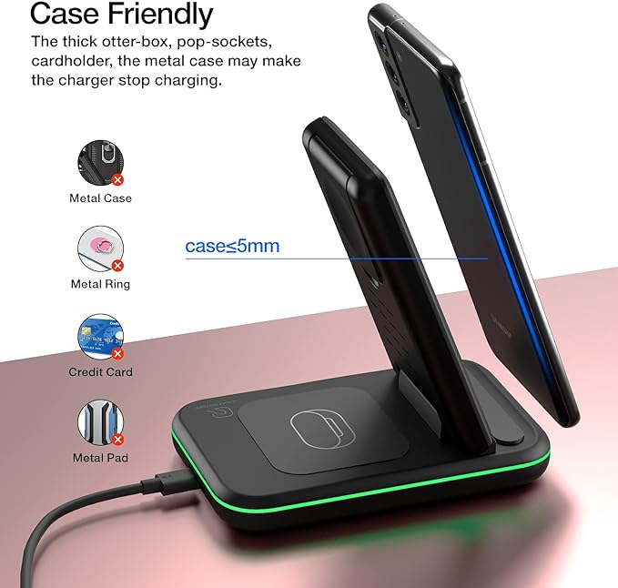 Wireless Charger for Samsung/Android, HOLYJOY Foldable 3 in 1 Fast Charging Station/Stand/Multi Charger for Samsung S25 Ultra/S24/Note 20, Travel Pad for Galaxy Watch 8/7/6/5/Active 2, For Buds(Black)
