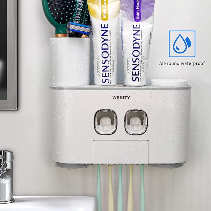 Toothbrush Holder WREWING Multi-Function Wall-Mounted Automatic Toothpaste Dispenser and Dust-Proof Toothbrush Holder with 5 Brush Slots 4 Cups 2 Automatic Toothpaste Dispensers 1 Storage Slot (Grey)