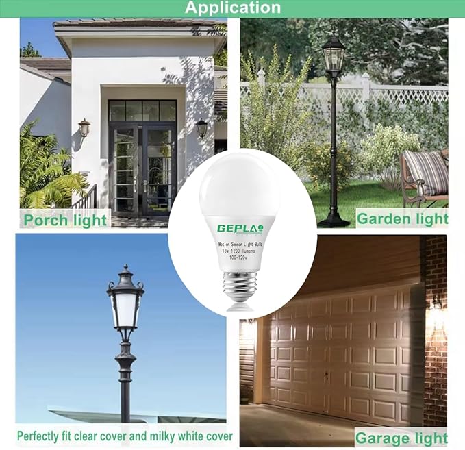 GEPLAD 4-Pack Outdoor Motion Sensor LED Light Bulbs, 12W Dusk to Dawn Bulb, 3000K Soft White 1200LM, A19 E26 Glass-Penetrating Sensor, Upward/Downward Mounting,Perfect for Porch, Garage, Entryway