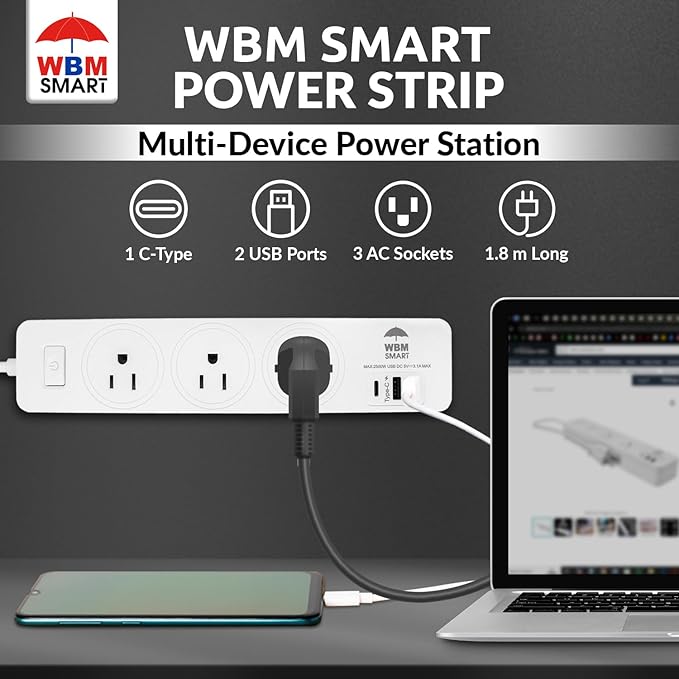 WBM SMART Power Strip 5.9 ft 10 A - Extention Cord Socket, Pack of 2 with 2 USB Ports and 1 Type C Plug, Multi Outlet Extender for Home, Office and Dorm Room