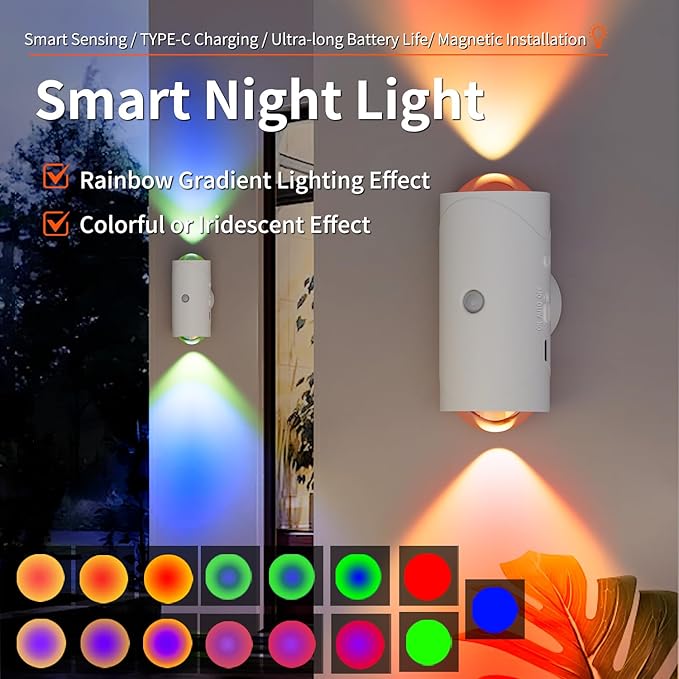 LED Motion Sensor Night Light, 7 Colors Rechargeable Battery Stair Light, Wireless Magnetic Wall Lamp, Cordless LED Wall Night Lights for Steps, Bedroom, Hallway, Courtyard, Holiday Decor, 2-Pack
