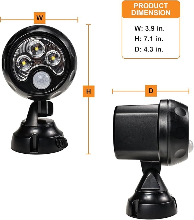YCB2050 Battery Operated Motion Lights Outdoor, LED Motion Spotlight 5000K Daylight White, IP65 Waterproof, Wireless Security Light Uses 4 D-Cell Batteries (Not Included), Black