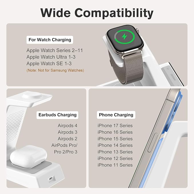 ANJANK 4 in 1 Alarm Clock with Wireless Charging, Wireless Charger Station for Multiple Devices Apple,Charging Dock for iPhone 17 16 15 14 13 12 Pro Max Series, Apple Watch, AirPods Pro 3/Pro 2/4/3/2
