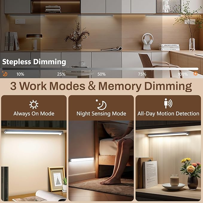 DWEPTU Rechargeable Motion Sensor Light Indoor, 12” LED Under Cabinet Lighting with 3 Modes & Memory Dimming, Stick On Lights for Closet, Kitchen, Hallways (2 Pack)