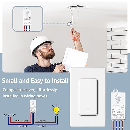 NineLeaf Wireless Light Switch and Receiver Kit, No Wiring Remote Control Wall Switch, 1300FT RF Range Expandable Switches,Ceiling Lights, Fans, Lamps & Outdoor Sheds,1000W LED(2Switches 1Receiver)