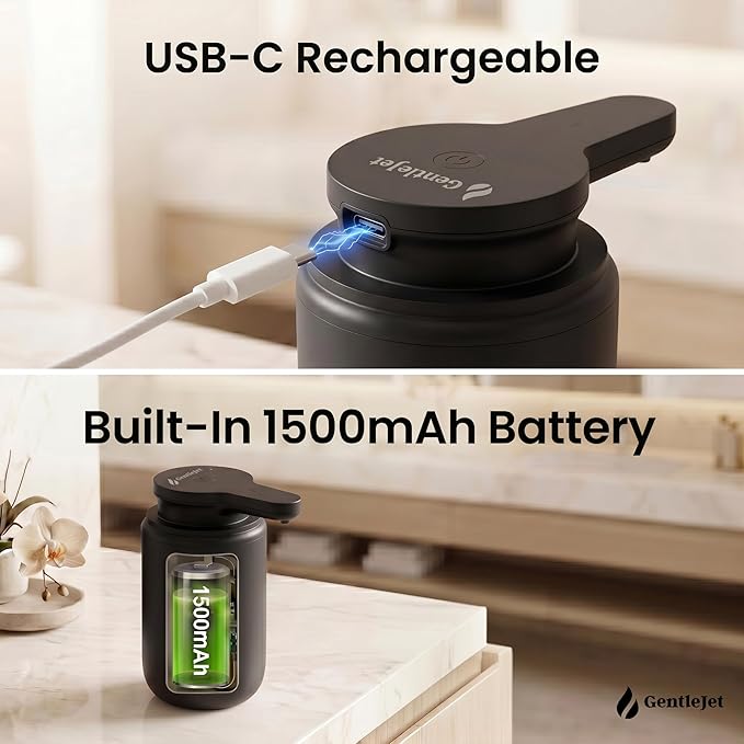 GentleJet SimpleFoam Automatic Foaming Soap Dispenser Touchless Sensor, USB-C Rechargeable, IPX5 Waterproof, Dual Output for Bathroom Kitchen Sink, ABS Compact Design