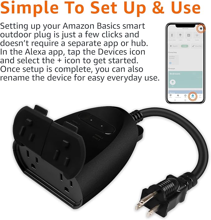 Amazon Basics Outdoor Smart Plug with 2 Individually Controlled Outlets, Works with Alexa Only, Voice Control, Weather Resistant, 2.4 GHz Wi-Fi, No Hub Required, Black