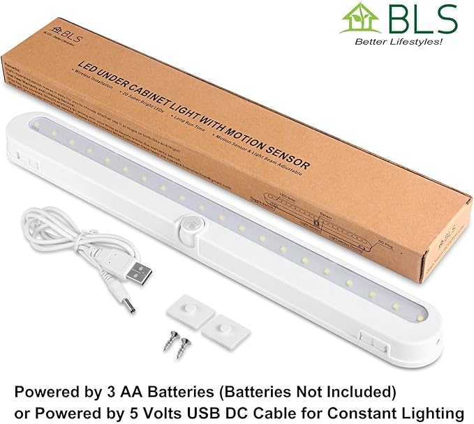 BLS T01L LED Closet Light, Super Bright 20 LED Under Cabinet Lighting Battery Powered/DC Input Wireless Motion Sensing Light, Auto On Off Switch, Motion Sensor & Light Sensor, Light Beam Adjustable