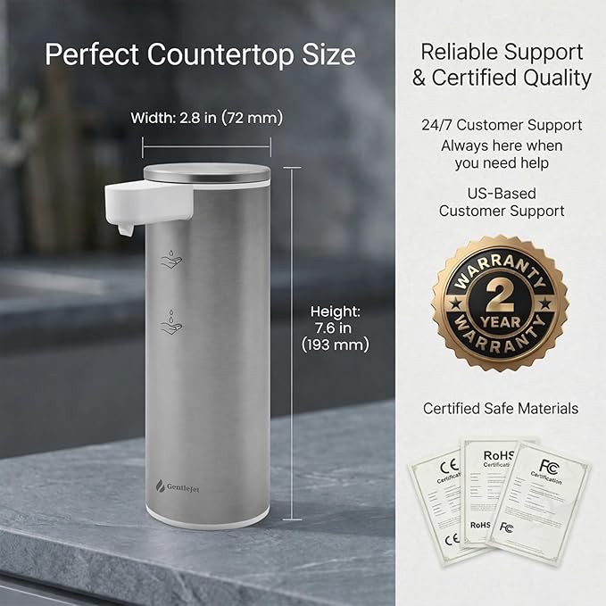 GentleJet OpalDrop Automatic Liquid Soap Dispenser for Kitchen Sink Touchless No-Drip Pump, USB-C Rechargeable, 304 Stainless Steel, IPX5 Water-Resistant, 270 ml