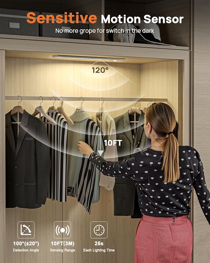 16inch Under Cabinet Lighting Wireless, Rechargeable Motion Sensor Light Indoor, Closet Lights with Remote, 3 Color Temps & Dimmable, Magnetic Under Counter Lights for Kitchen, Stairs, Pantry, 5 Pack