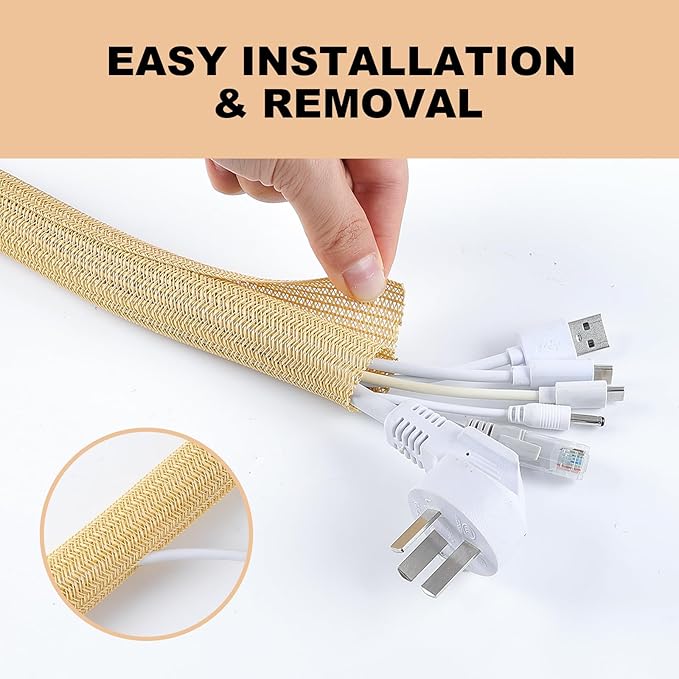 AGPTEK Cable Sleeve, 20ft - 1 inch Cable Management Desk Cord Cover Organizer Wire Hider for Home Office Computer TV Wire Loom Tubing Pet Proof Cord Protector from Cat Dog Chewing, Wood Color