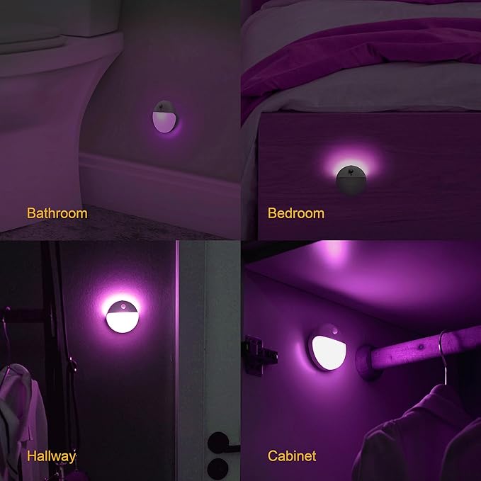 YUNLEX 2 Pack Purple Battery Night Light, Motion Activated Night Light, 2.6" Small Sticky Lights, 3 Light Modes, Dimmable Calming Glow for Meditation, Relaxation, Bathroom, Bedroom, Travel, Violet