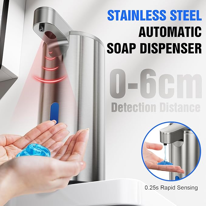 Fantictas Automatic Soap Dispenser Touchless, Stainless Steel 11.5 oz 3 Levels Adjustable Hand Soap Dispenser with Rechargeable Sensor Pump for Kitchen & Bathroom Liquid Soap