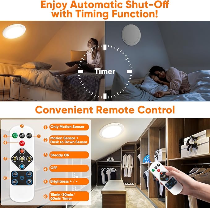 10" 8000mAh 2-Pack Rechargeable Motion Sensor Ceiling Lights with Remote, Battery Operated Closet Lights No Wiring, Wireless LED Shower Lights, 3 Color Dimmable Overhead Lamp for Closet Shower Pantry