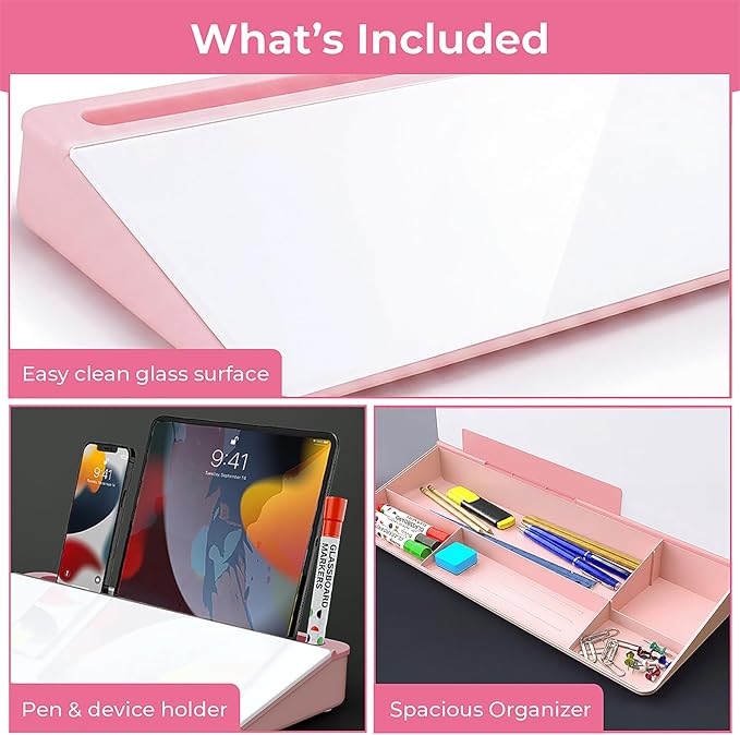 Chalkola Pink Glass Desktop Whiteboard with Storage - Dry Erase Board, Work Desk Organizers, Computer Keyboard Stand, Home Office Desk Accessories, Workspace Desktop Buddy