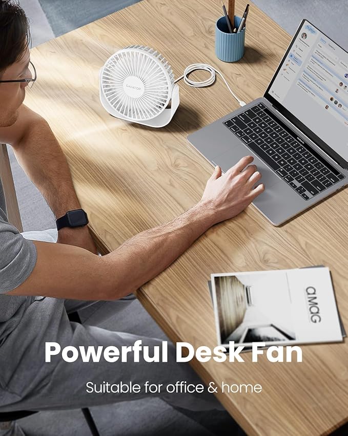 Gaiatop USB Desk Fan, 3 Speeds Strong Airflow, 5.5 Inch Portable 90° Rotate Quiet Cooling, Small Personal Table Fans for Bedroom Home Office Travel White